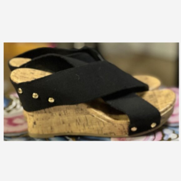 Jaclyn Smith Shoes - Jaclyn Smith Platform Sandals Women's Size 8.5 Black Elastic Straps 4" Cork Heel